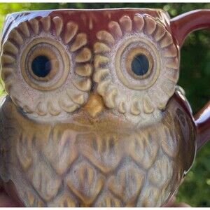Big Eyes Owl Shaped Coffee Mug Cup Tea  Brown Whimsy Woodland Rustic*No Chips